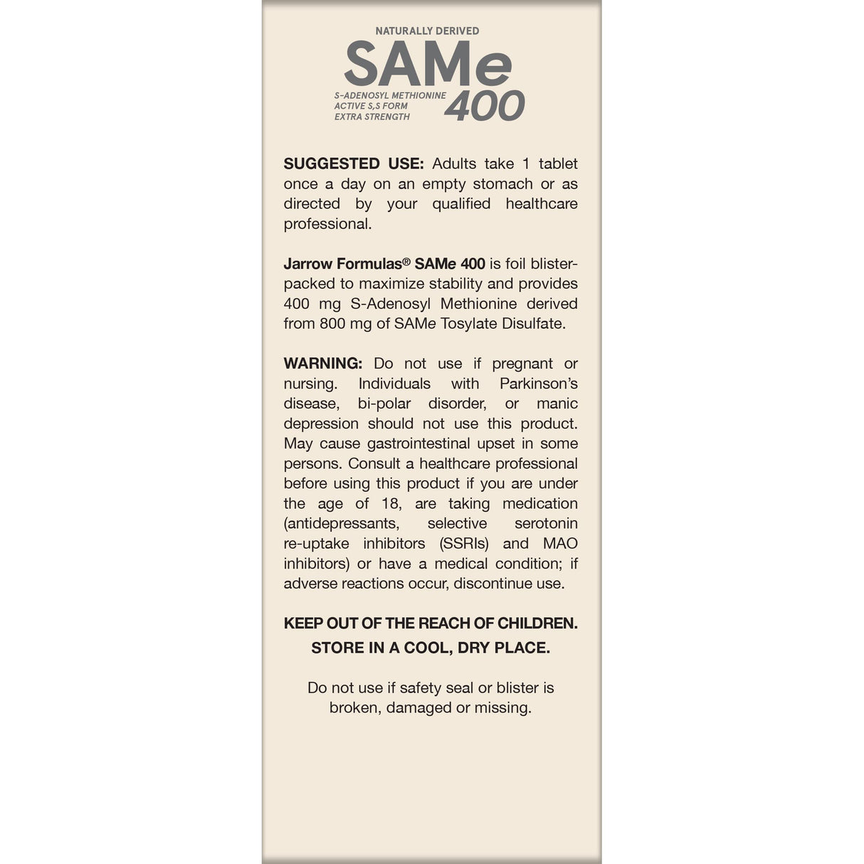 Jarrow Formulas SAMe 400 mg, Supports Joint Health, Liver Function, Brain Metabolism, 60 Tablets, Up To a 60 Day Supply