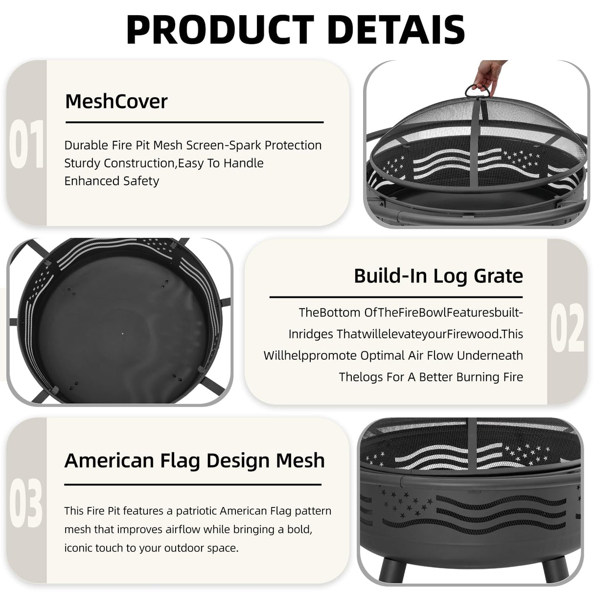 Breezz 32 Inch American Flag Fire Pit with Mesh Cover & Poker, Round Metal Wood Burning Outdoor Firepit for Patio, Garden, Backyard, Bonfire, Ideal for 4th of July, Memorial Day, Christmas