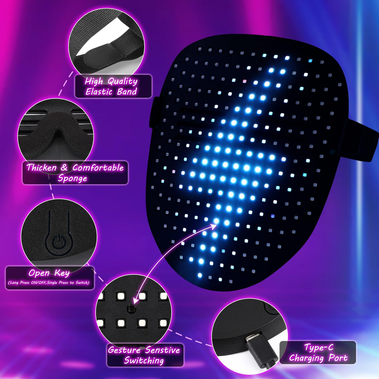 ORWINE LED Mask, Light Up Mask with Gesture Sensing, Unisex LED Lighted Face Transforming Masks for Festival Dj Cosplay Halloween Costume Masquerade Parties Christmas Gifts for Kids