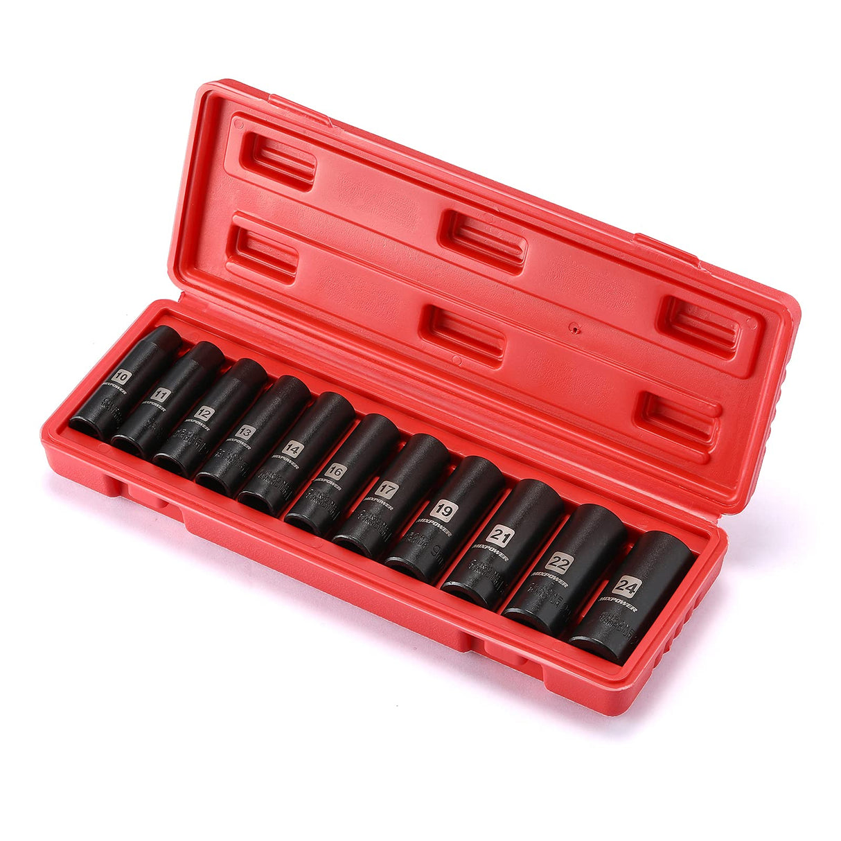 MIXPOWER 11-Piece 1/2-Inch Drive Deep Impact Socket Set, CR-V, Metric, 6 Point, Deep, 10-24mm