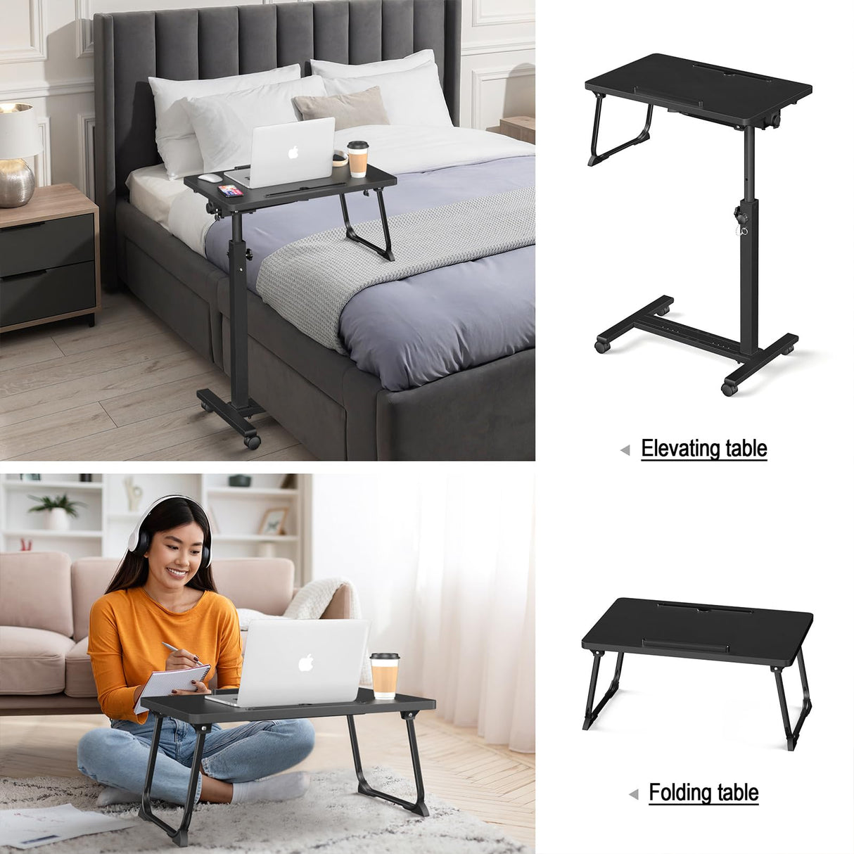 Eocnrhe Adjustable Overbed Bedside Table, Hospital Bed Table with Wheels, Portable Rolling Desk, Mobile Small Standing Desk, Rolling Laptop Stand, Computer Cart