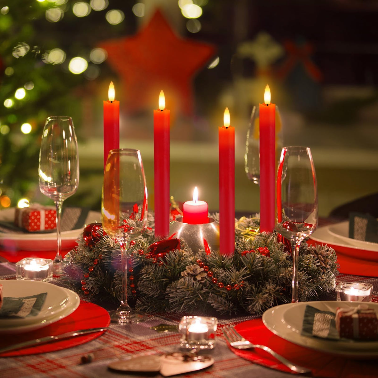 HINZER 6 Pcs Flameless Taper Candles with Remote & Timer 9.6 inch Real Wax Battery Operated LED Warm 3D Wick Flickering Window Candles for Halloween Christmas Wedding Decor, Red