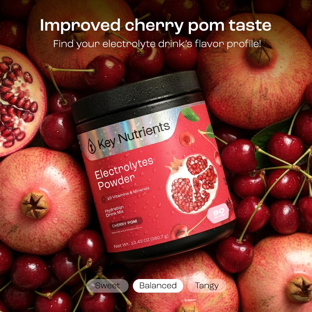 KEY NUTRIENTS Multivitamin Electrolytes Powder No Sugar - Sweet Cherry Pom Electrolyte Powder - Endurance & Energy Supplement - Hydration Powder - No Calories - 90 Servings - Made in USA