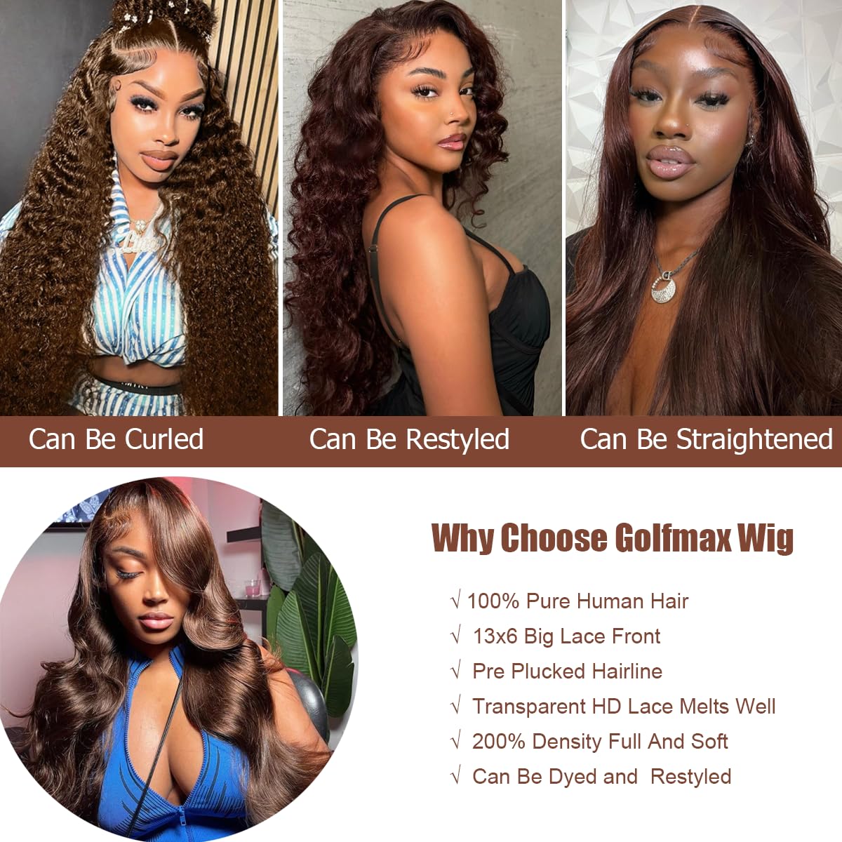 GOLFMAX 30 Inch Chocolate Brown Lace Front Wig Human Hair Body Wave 13x6 HD Lace Front Wigs Pre Plucked 200 Density Colored Brown Wig Human Hair Wigs For Women