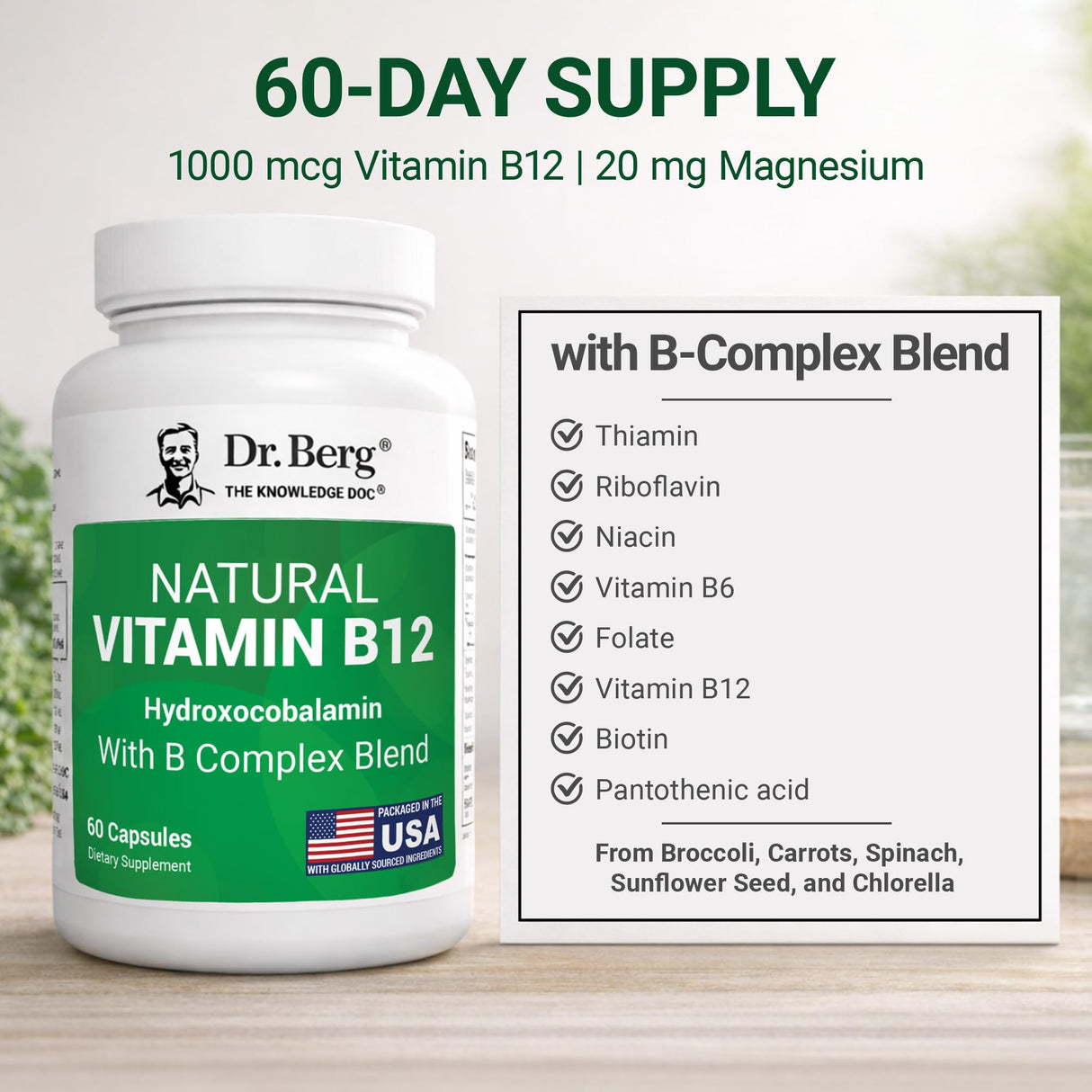Dr. Berg Natural Vitamin B12 1000 mcg (Hydroxocobalamin) 60 Capsules β Energy, Brain & Nervous System Support* β w/B-Complex + Magnesium β 4X Lab Tested, GMO-Free, No Fillers