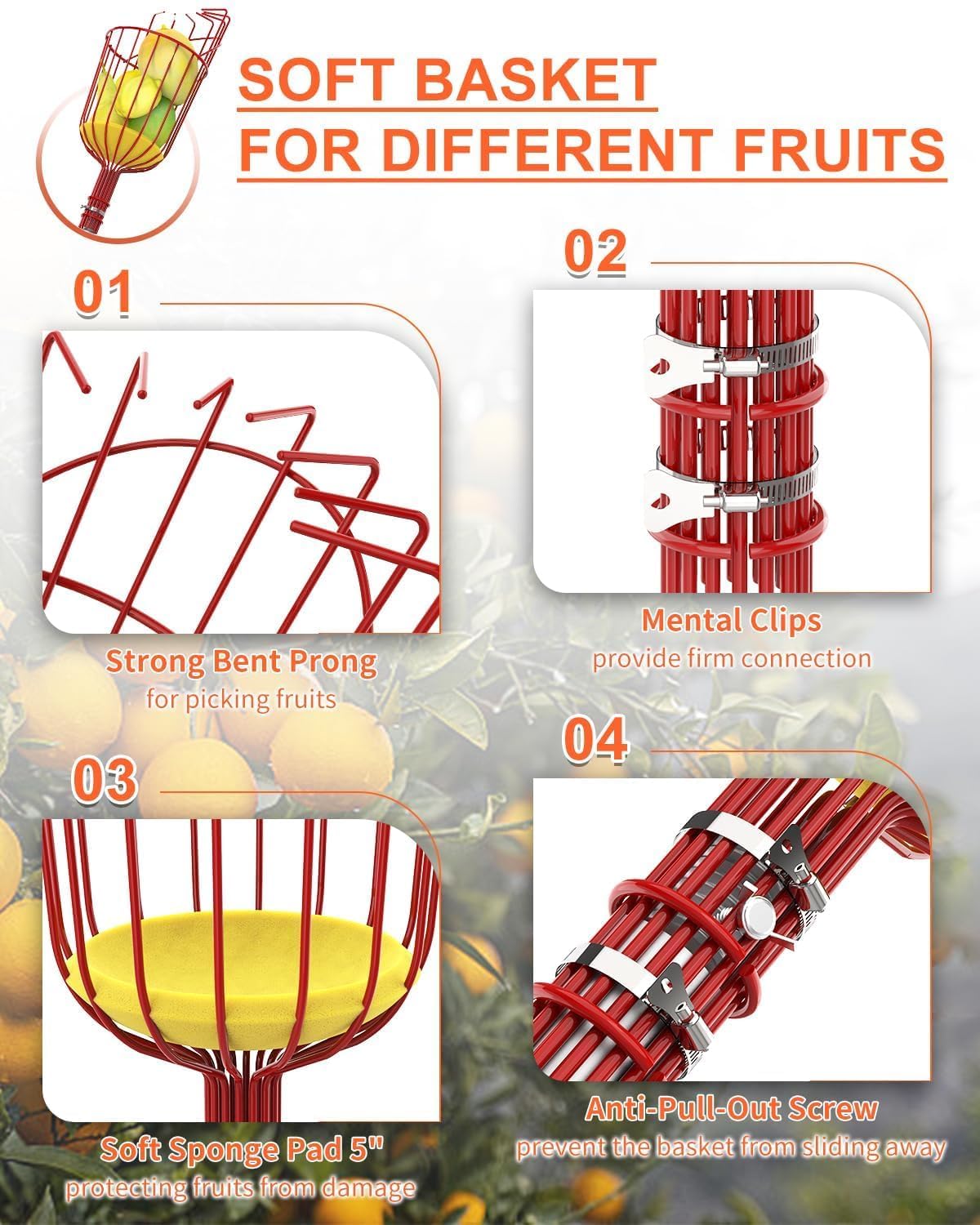AgiiMan 28 Reach Fruit Picker with Telescopic Extension Pole, 5 to 20 FT Fruit Picker Pole Lightweight and Sturdy Aluminum Telescopic Pole, Easy to Assemble Fruit Picking Basket