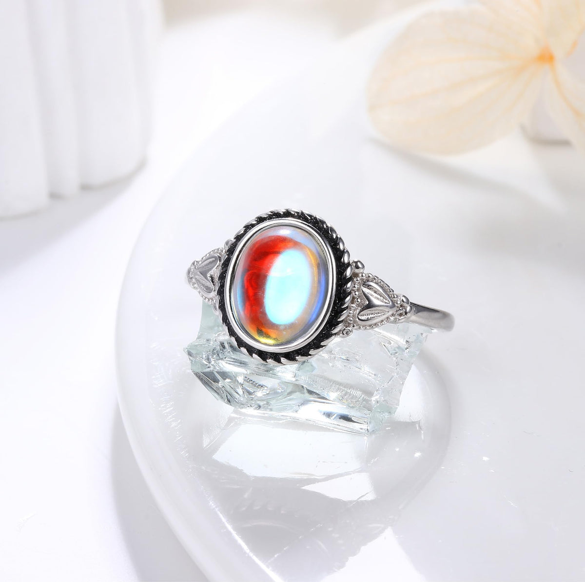 Florideco 925 Sterling Silver Moonstone Ring for Women 18K White Gold Plated Rainbow Moon Stone Rings Victorian Style Gemstone Solitaire Oval Moonstone Ring ML9