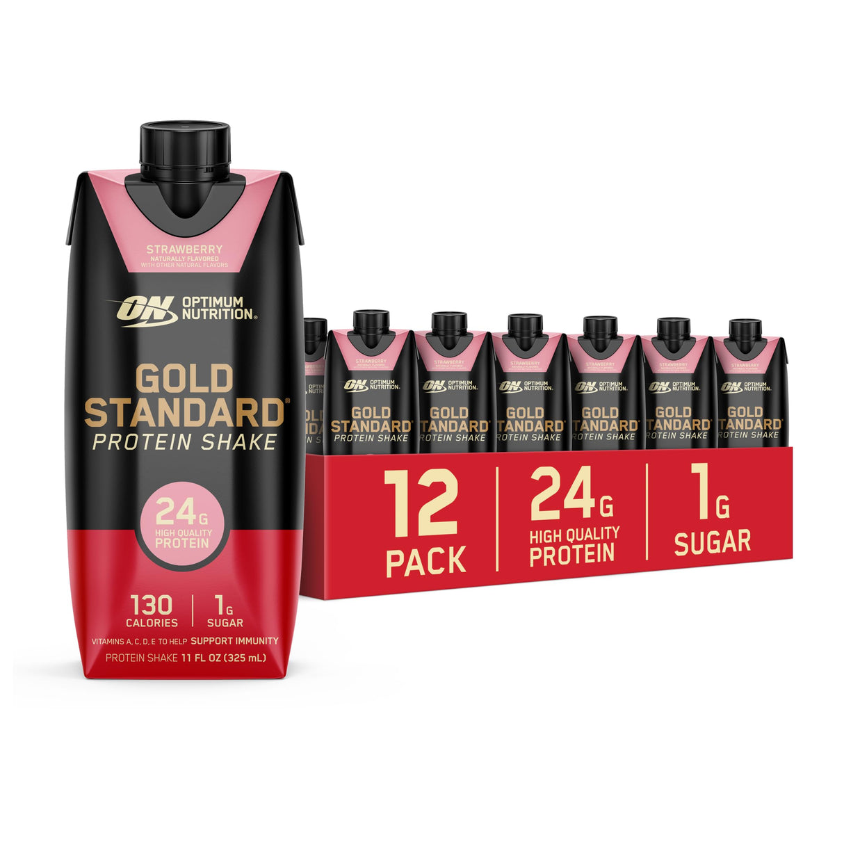 Optimum Nutrition Gold Standard Protein Shake, 24g Protein, Ready to Drink Protein Drinks, Strawberry, 11 Fl Oz, 12 Count (Pack of 1) (Packaging May Vary)