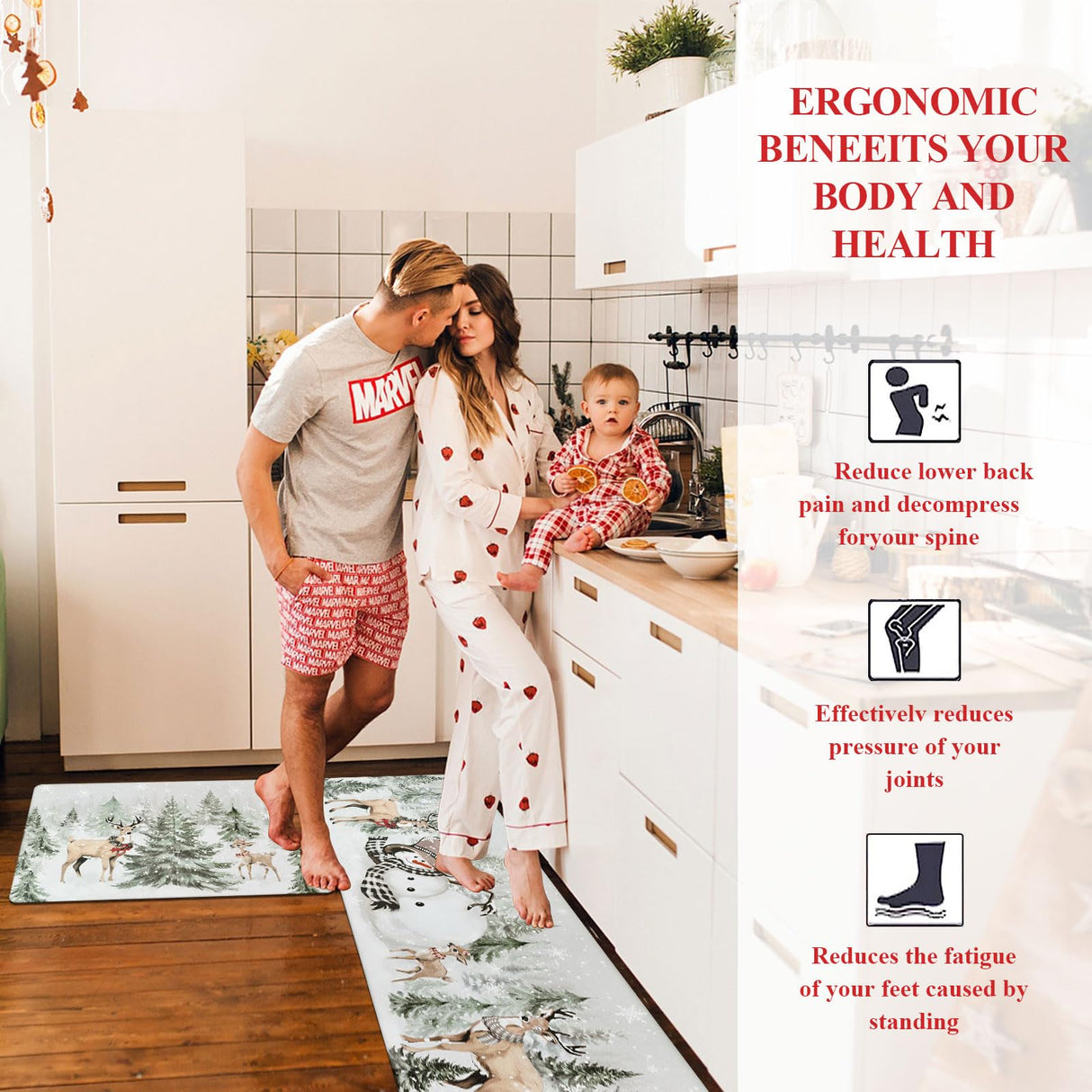 U'Artlines 2Pcs Christmas Anti Fatigue Kitchen Rugs and Mats, Christmas Tree Snowman Deer Non Slip Foam Cushioned Farmhouse Kitchen Floor Mats Comfort Standing Mats for Winter Home Decor Grey