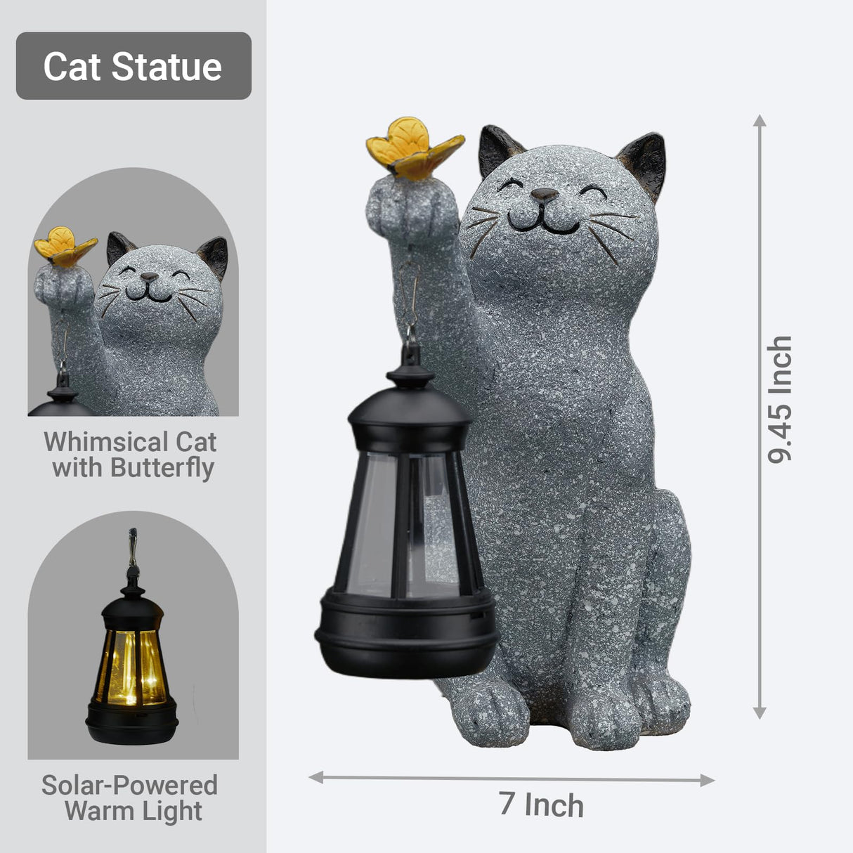 Elegondrar Solar Cat Garden Statue Outdoor Decor, Cat Sculpture with Lantern and Butterfly for Yard Lawn Patio Balcony, Christmas, Birthday Housewarming Gifts for Mom, Grandma, Women, 9.4 inch, Resin