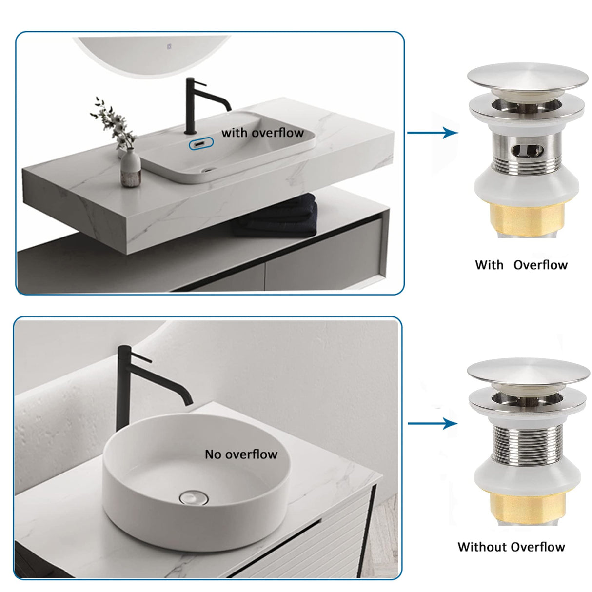 Rockgoya Bathroom Sink Drain,2 Pack Drain Stopper Bathroom Sink with Overflow,Pop Up Drain Assembly with Detachable Strainer Basket,Built-in Anti-Clogging Strainer,Stainless Steel Brushed Nickel