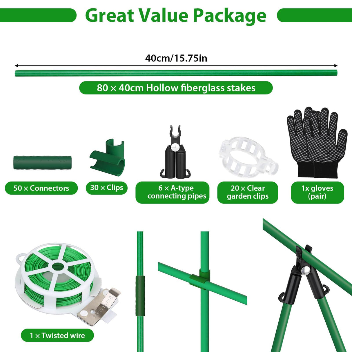Tetutor 188pcs Garden Stakes,80 Pack Thicken Fiberglass Tomato Stakes