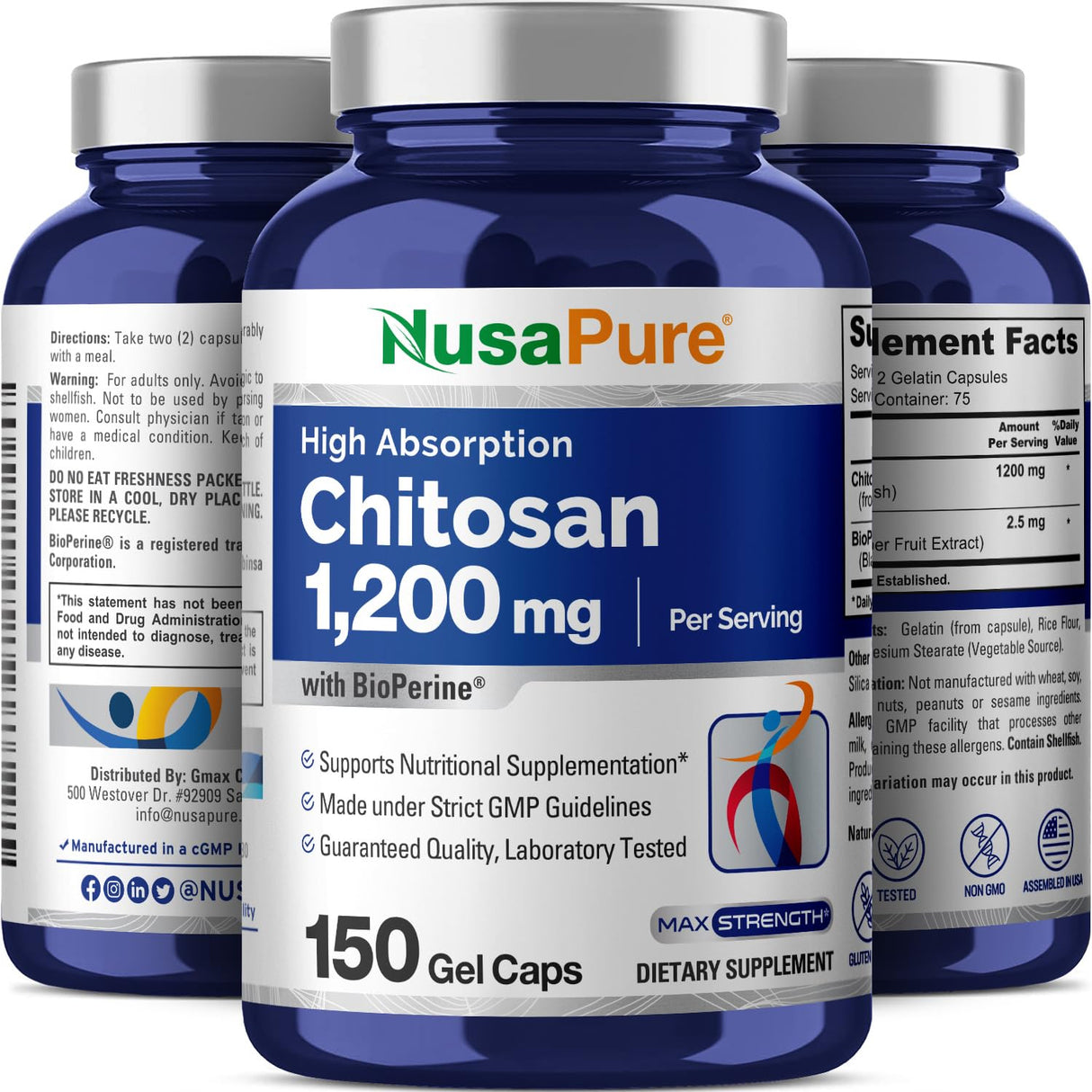 NusaPure Chitosan 1200mg 150 Caps (Non-GMO & Soyfree) with Bioperine