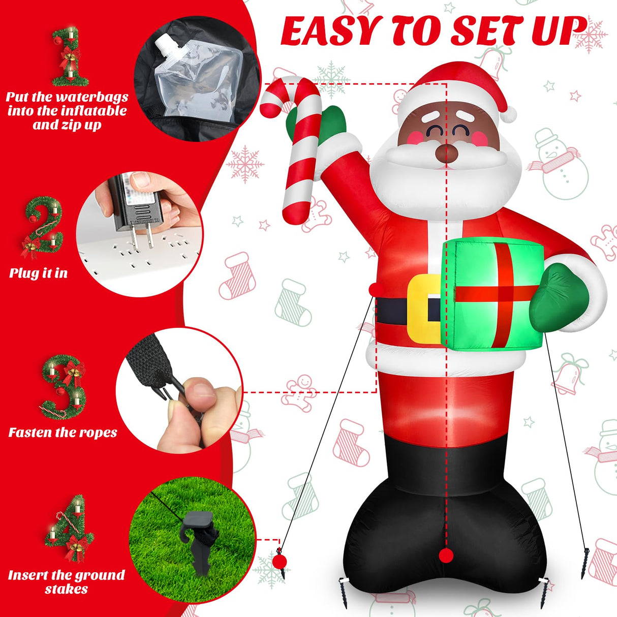 8 FT Tall Giant Black Santa Inflatable Christmas Decorations Outdoor Candy Cane & Gift Box, Build in LED Lights Funny Merry Xmas Blow Ups Yard Decoration for Outside Holiday Winter Indoor Patio Lawn