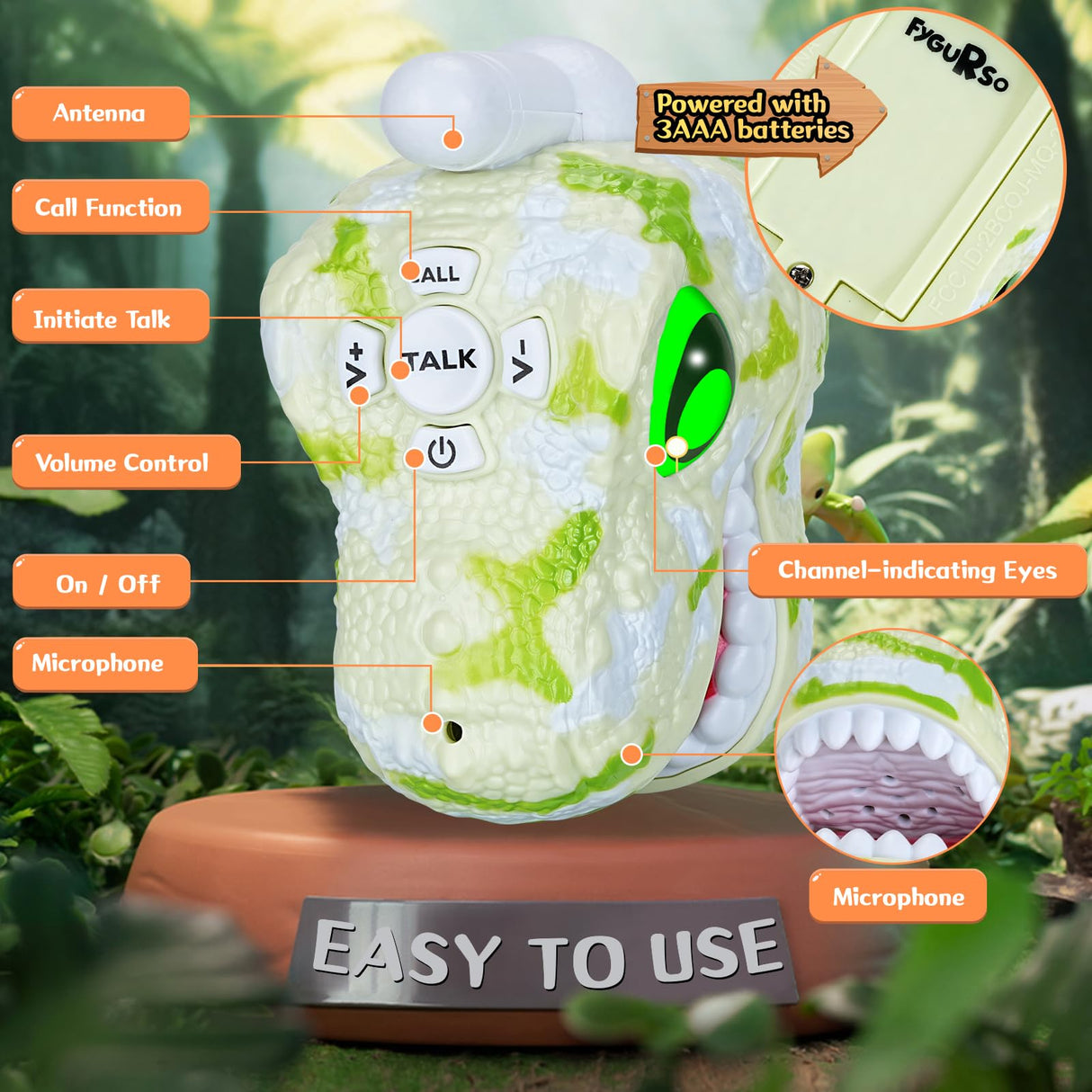 Fygurso Walkie Talkies for Kids 2 Packs, Kids Toys for Boys Girls Aged 3 to 8 Years Old for Outdoor Adventure, Camping, Halloween, Christmas, Birthday Gifts (Green, Dinosaur)