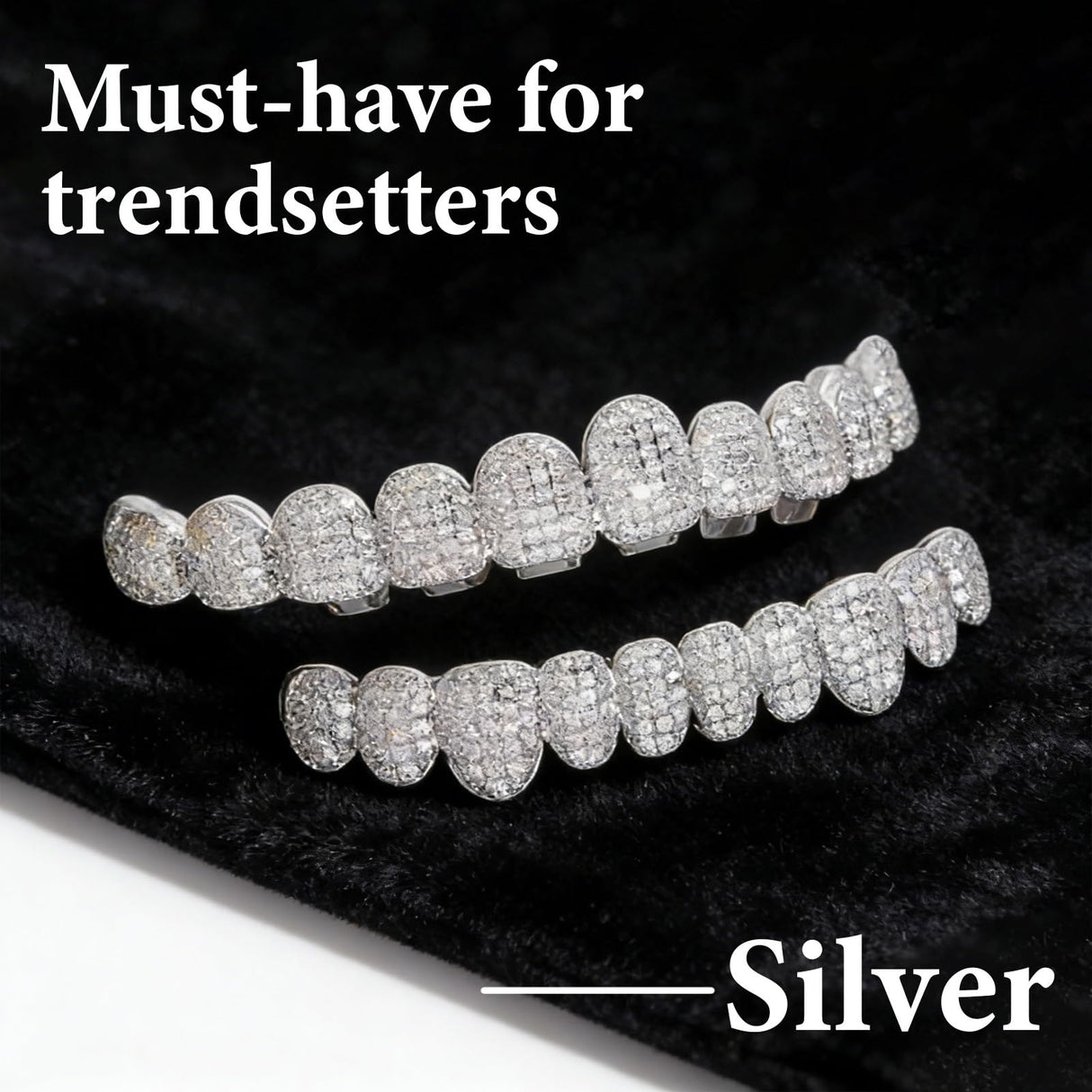 Custom Diamond Grillz for Men - Iced Out Detachable Gold & Silver Teeth Covers - Bling Hip Hop Mouth Jewelry (Silver)