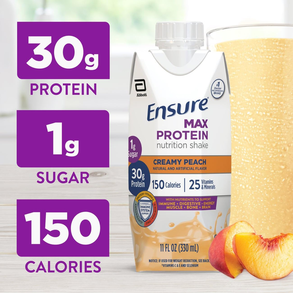 Ensure Max Protein Creamy Peach Nutrition Shake | 30g Protein, 1g Sugar, 4g Fiber Blend | 12 Pack