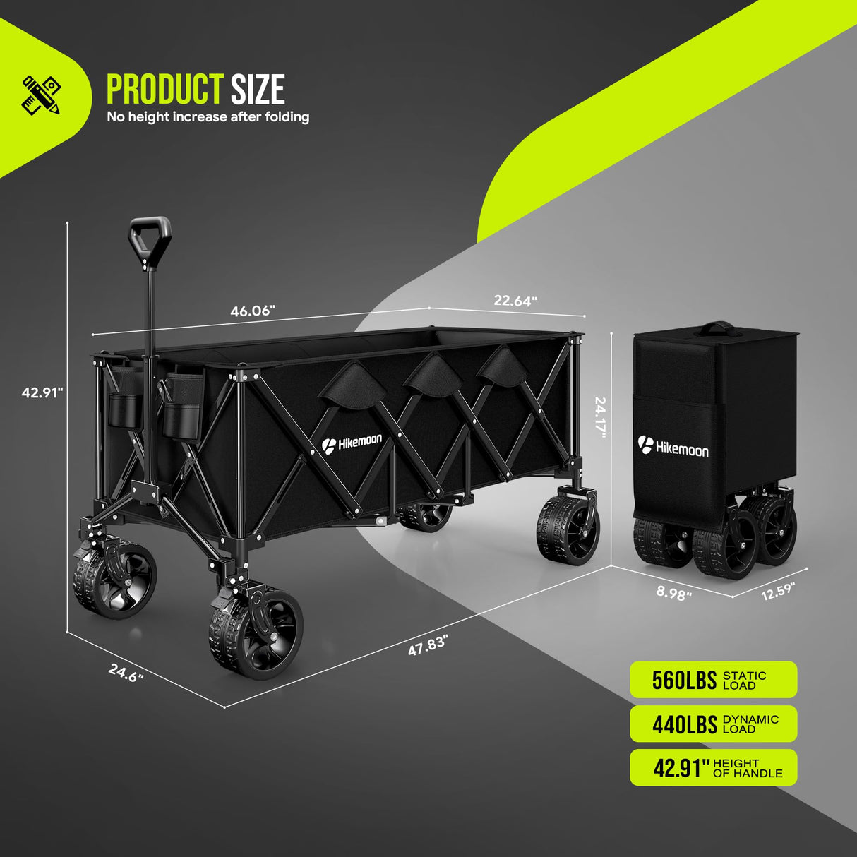 HIKEMOON 48'' Extra Large Collapsible Wagon with Big Wheels, 300L Black