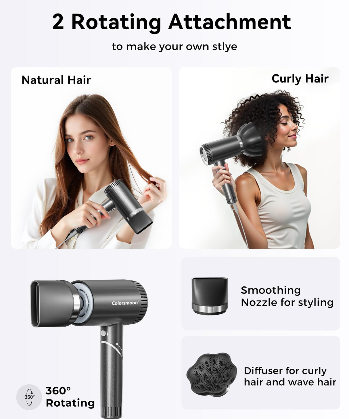Colorsmoon Hair Dryer, 100,000 RPM High-Speed Blow Dryers for Women & Men, Fast-Drying, 500 Million Negative Ions, Heat-Control, Low-Noise with Diffuser & Nozzle, Compact Foldable for Home Travel Use