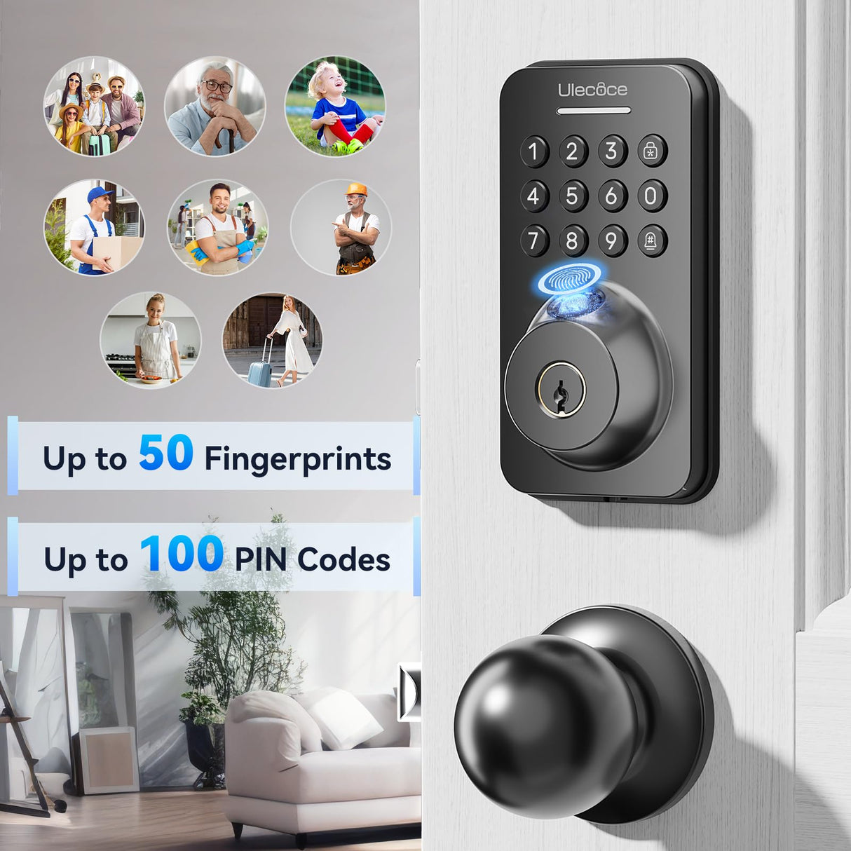 Ulecoce Fingerprint Keypad Deadbolt with Knob Set, Keyless Entry Door Lock with App Control, Door Locks for Front Door, Auto Lock&One-Touch Lock, 100+ User Codes&5 Keys, Easy Installation, Matte Black