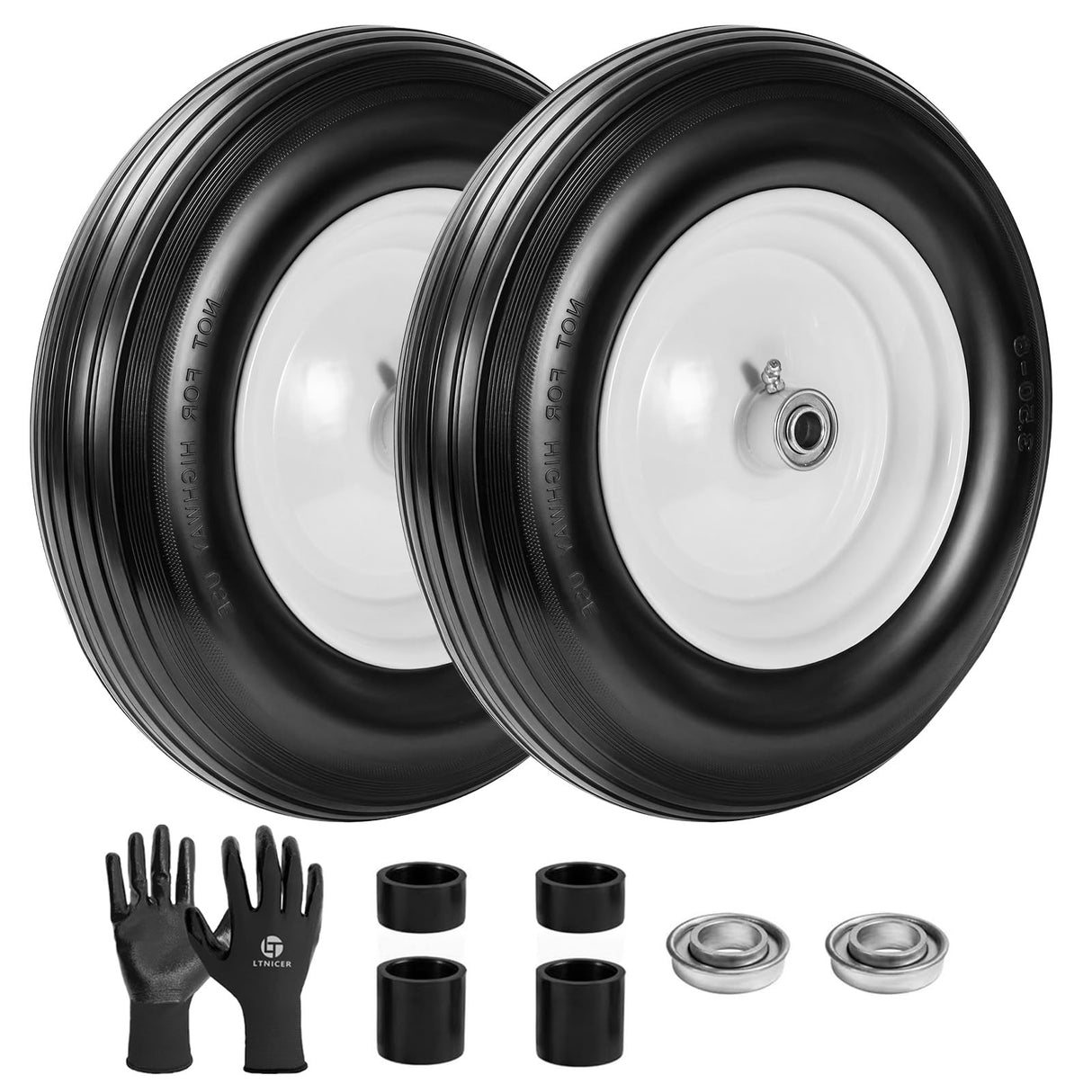 LTNICER (2-Pack) Fits 4.80/4.00-8, 3.50/2.50-8, 4.00-6, 4.00-8 Wheelbarrow Wheels,14.5" Wheelbarrow Flat Free Tire, with 3/4" & 5/8" Bearing,3" Hub for Garden Cart Trolley Wagon Lawn Mower