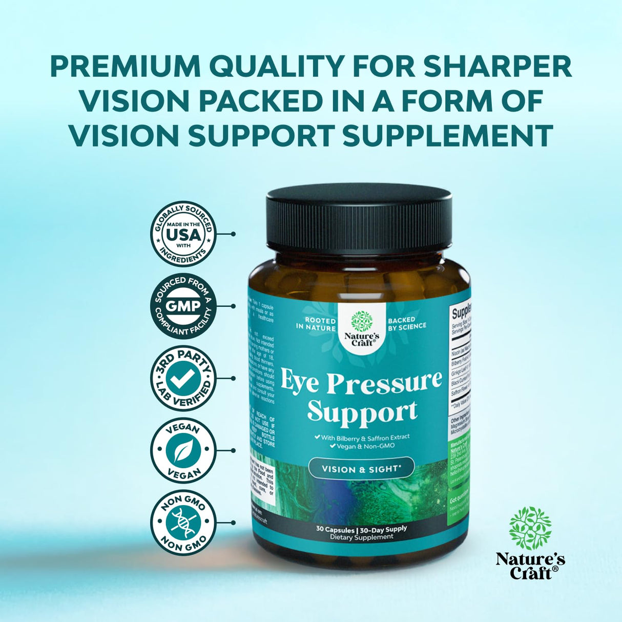 Eye Pressure Support with Bilberry Extract - Vegan Eye Health Supplement for Adults For Ocular Pressure Relief with Saffron Ginkgo Niacin and More Vitamins Vision Support (2 Month Supply)