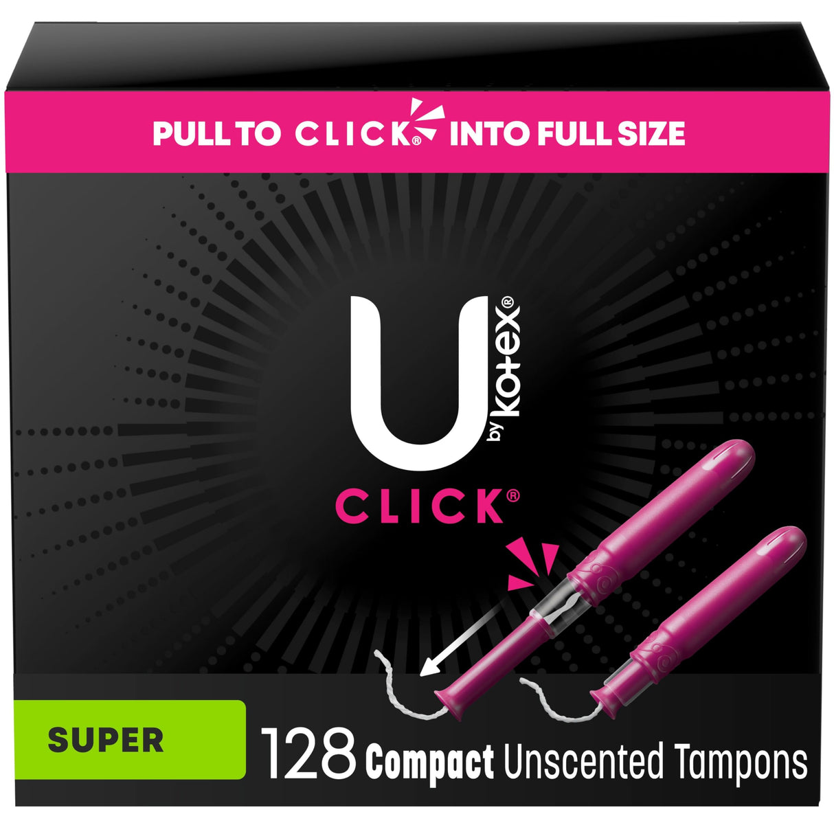 U by Kotex Click Compact Tampons, Super Absorbency, Unscented, 128 Count (8 Packs of 16) (Packaging May Vary)