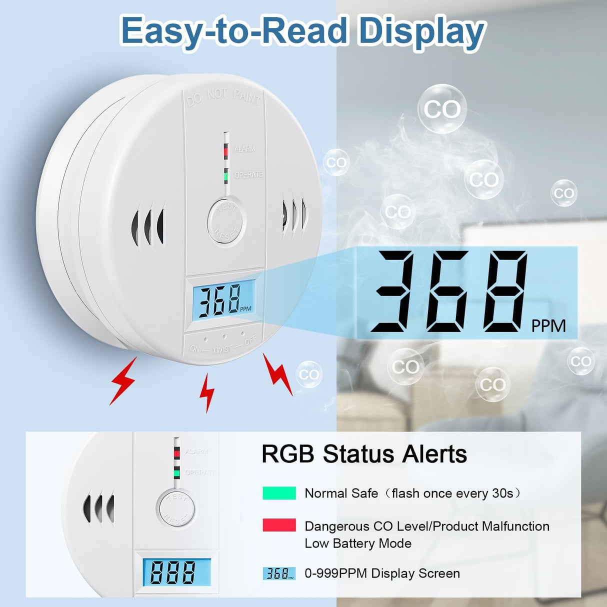 Carbon Monoxide Detectors Battery Powered, Carbon Monoxide Alarm with LED Digital Display, CO Alarm with Human Alarm Sounds and Test Button for Home Kitchen Restaurant Hotel Office(3 Pack)