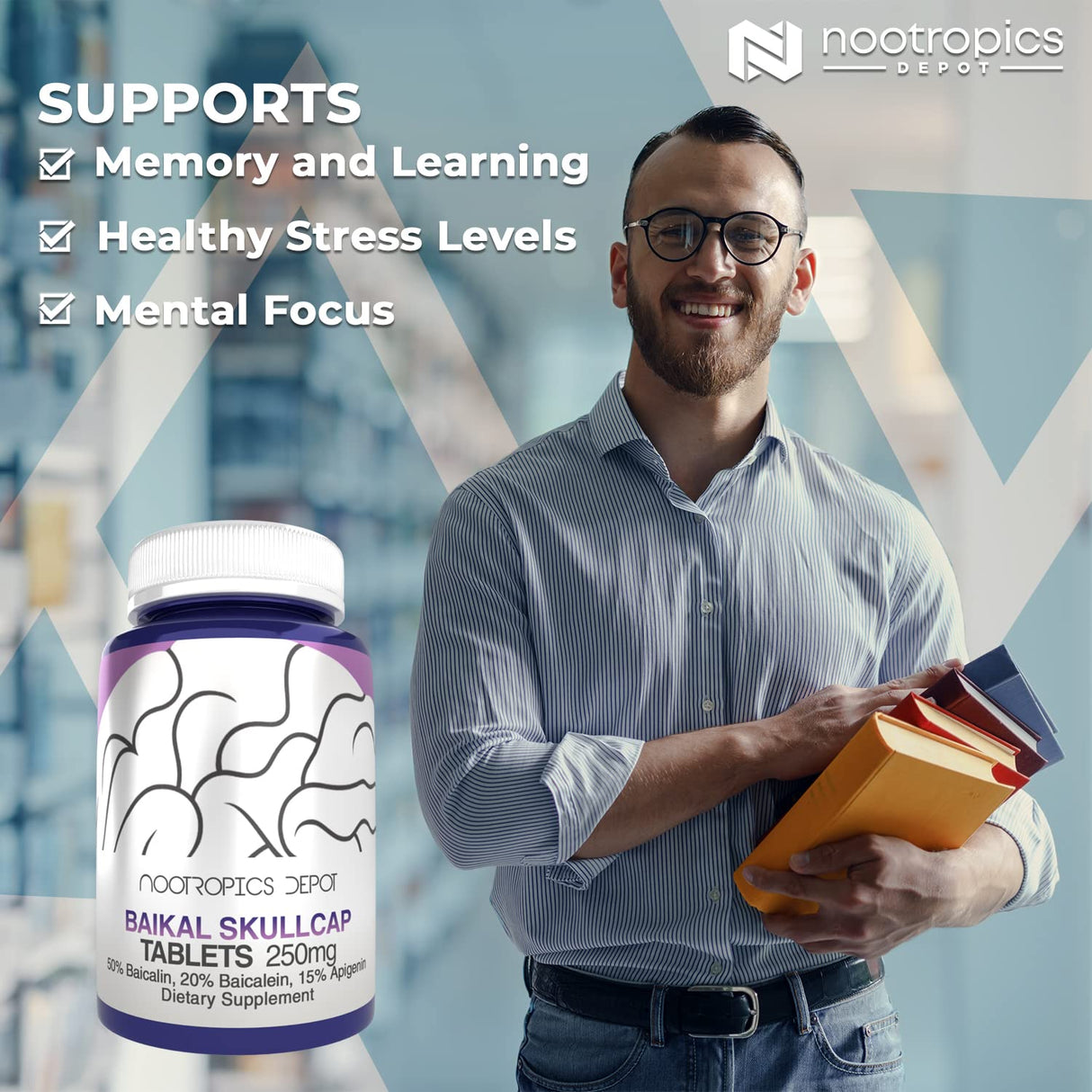 Nootropics Depot Baikal Skullcap Extract Tablets | 250mg | 60 Count | >15% Apigenin, >20% Baicalein, >50% Baicalin