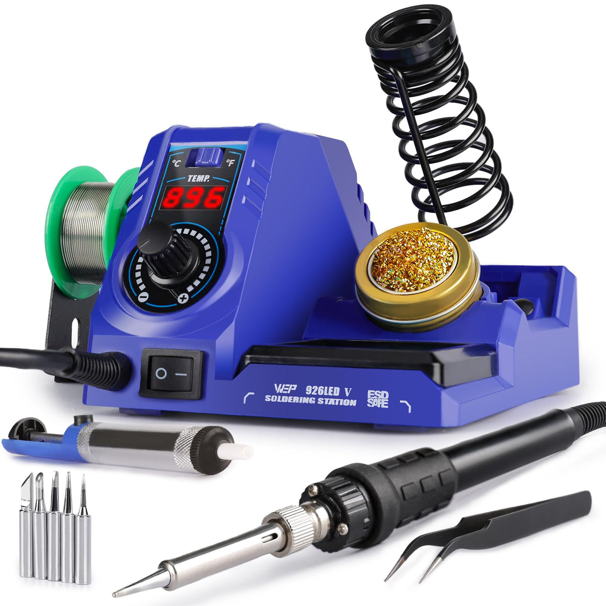 WEP 926LED V3 Soldering Station 130W MAX Soldering Iron Kit with Solder Wire, 5 Soldering Tips, Tweezers, Solder Sucker, Tip Cleaner, Temperature Control, Sleep Mode, C-F Conversion
