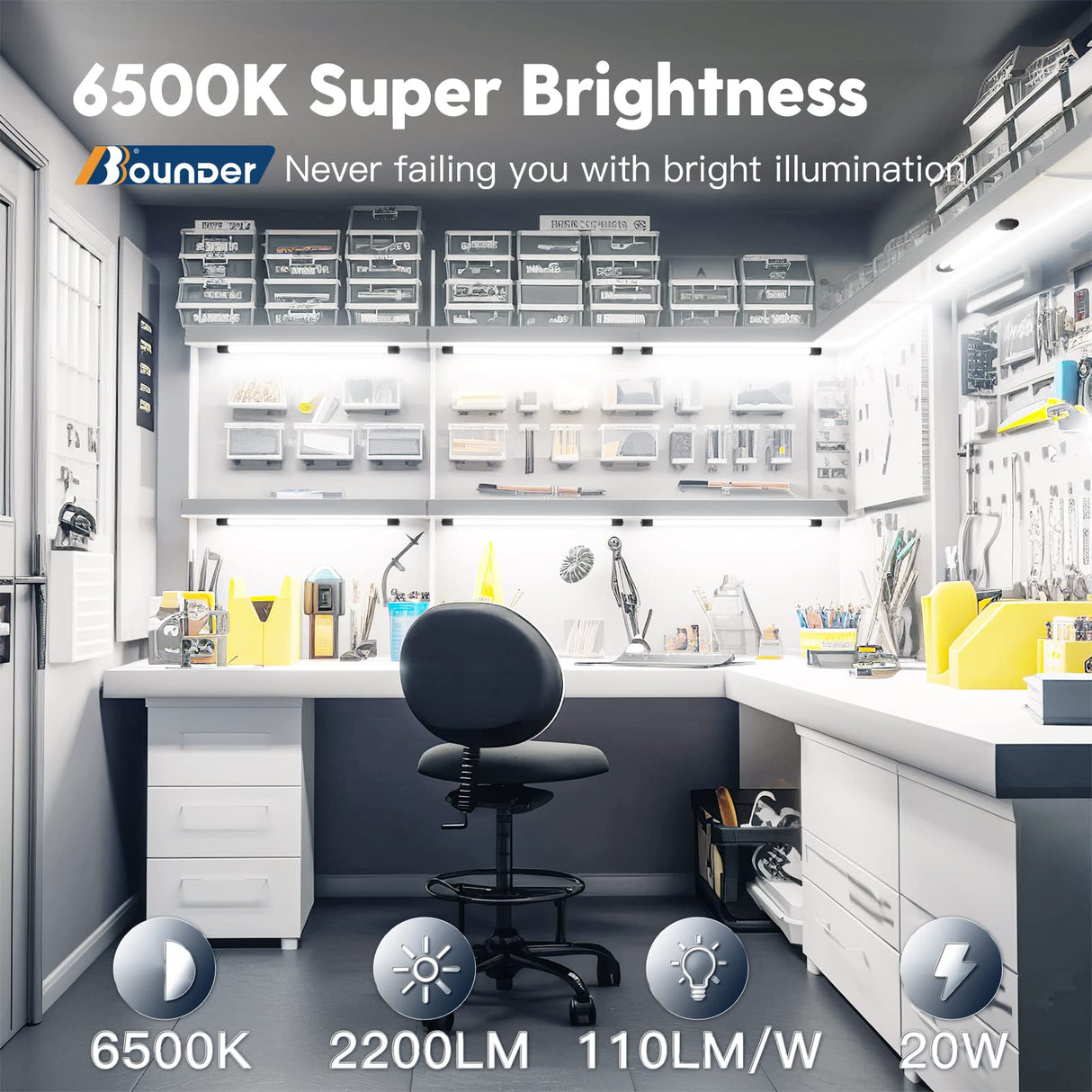 BBOUNDER 2FT LED Shop Light Fixture, Super Bright 2200LM, Cool Daylight White 6500K, Ceiling or Hanging Mount, Durable Garage Shop Lighting for Warehouse, Workbench, Basement, and Business Use, Black