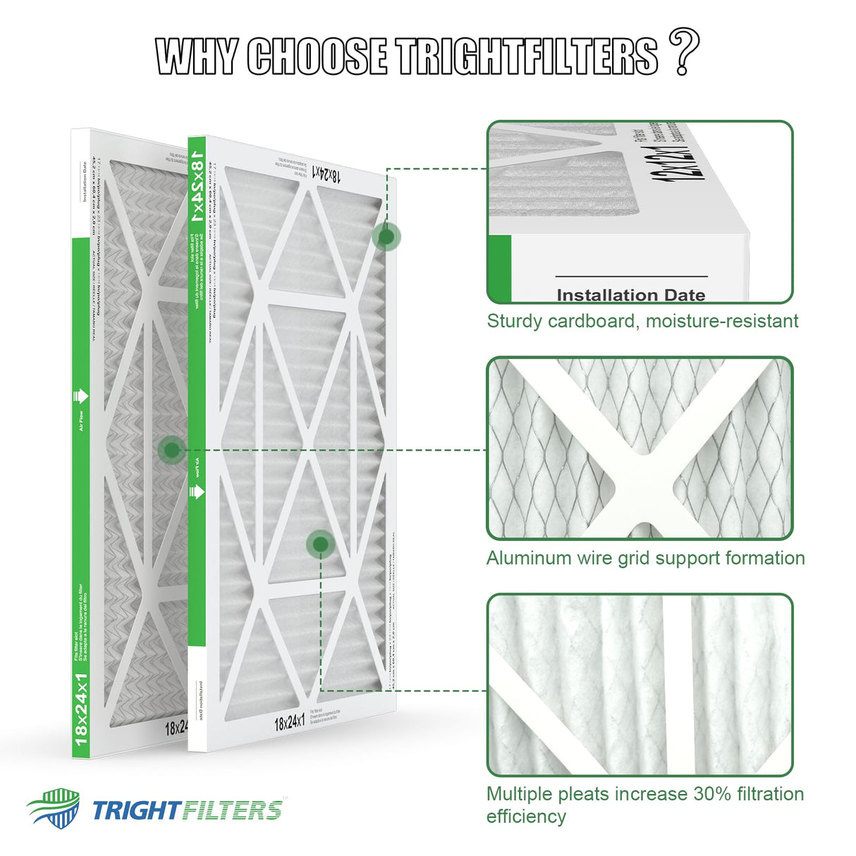 TRIGHTFILTERS 18x24x1 Air Filter 4 Pack, MERV 8 Pleated Dust Defense Air Filters Replacement for Air Conditioner & Furnace, Durable & Lightweight