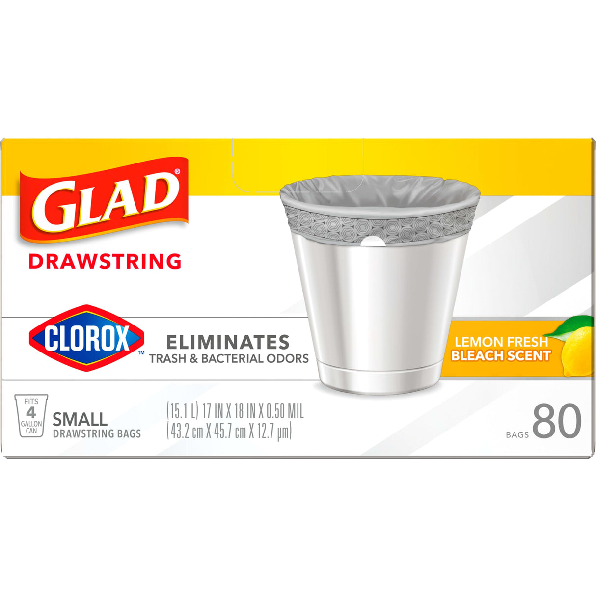 Glad Small Trash Bags 4 Gallon, Lemon Fresh Bleach Garbage Bags, Odor Resistant with Drawstring, 80 Count