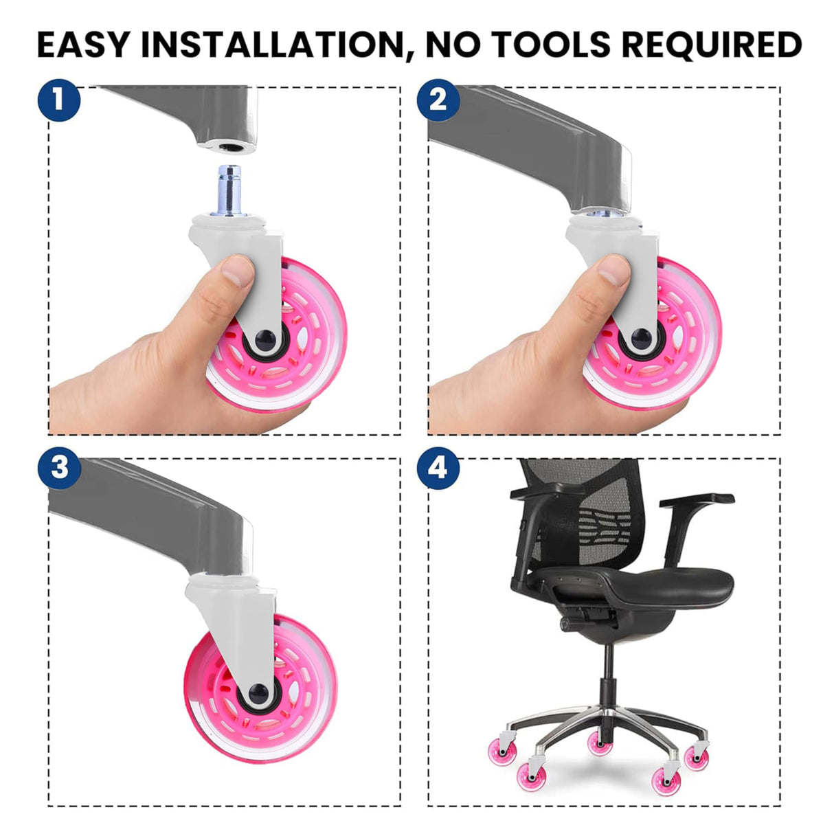 Office Chair Wheels - Set of 5 Rollerblade-Style Casters, Smooth & Quiet Rolling, Protects Hardwood Floors & Carpets, Universal Fit, Durable and Long-Lasting - Pink