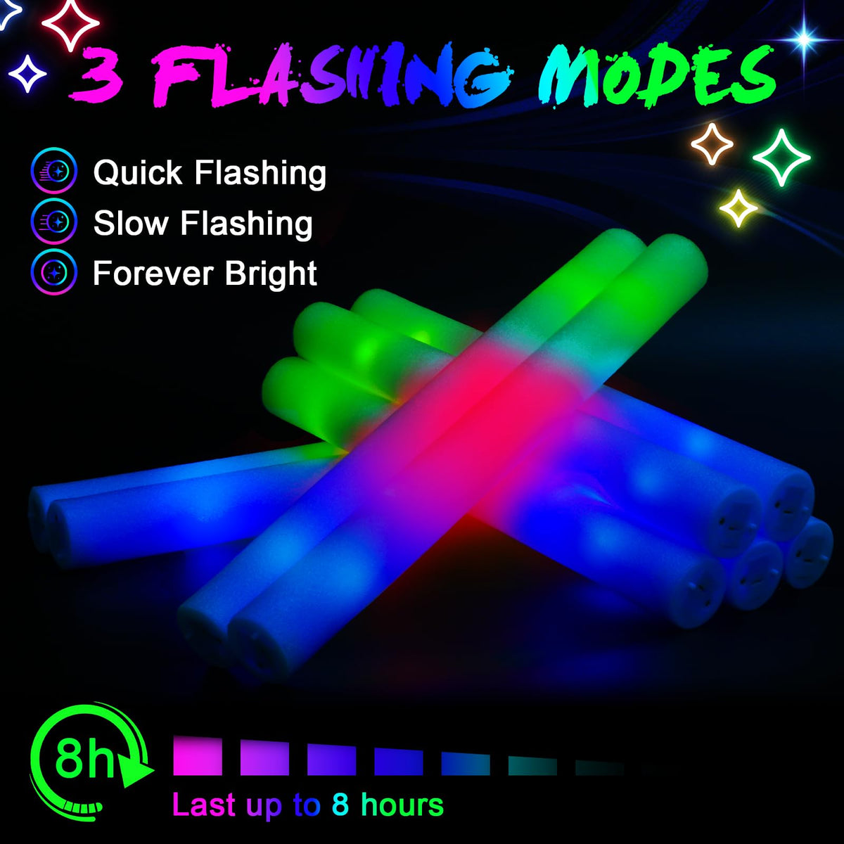 wellent 64 Pack Foam Glow Sticks, Bulk LED Foam Sticks, Foam Light Up Sticks with 3 Mode Colorful Flashing, Glow Party Supplies, Glow Sticks Bulk Party Pack for Wedding, Birthday, Concert, Halloween