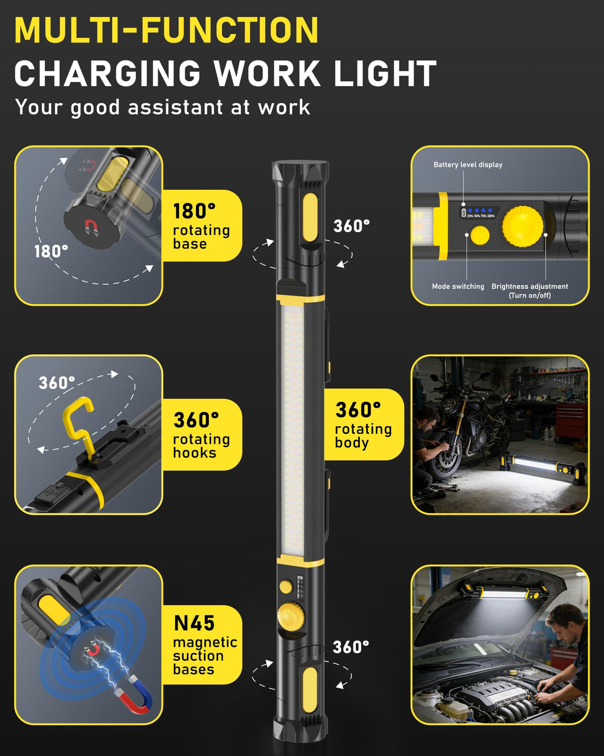 Magnetic Work Light, 5200mAh Rechargeable LED Work Light Bar, 3000 Lumens Bright Under-Hood Mechanic Light for Car Repairing/Inspection/Garage/Workshop/Emergency (1 Pack, Black-Yellow)