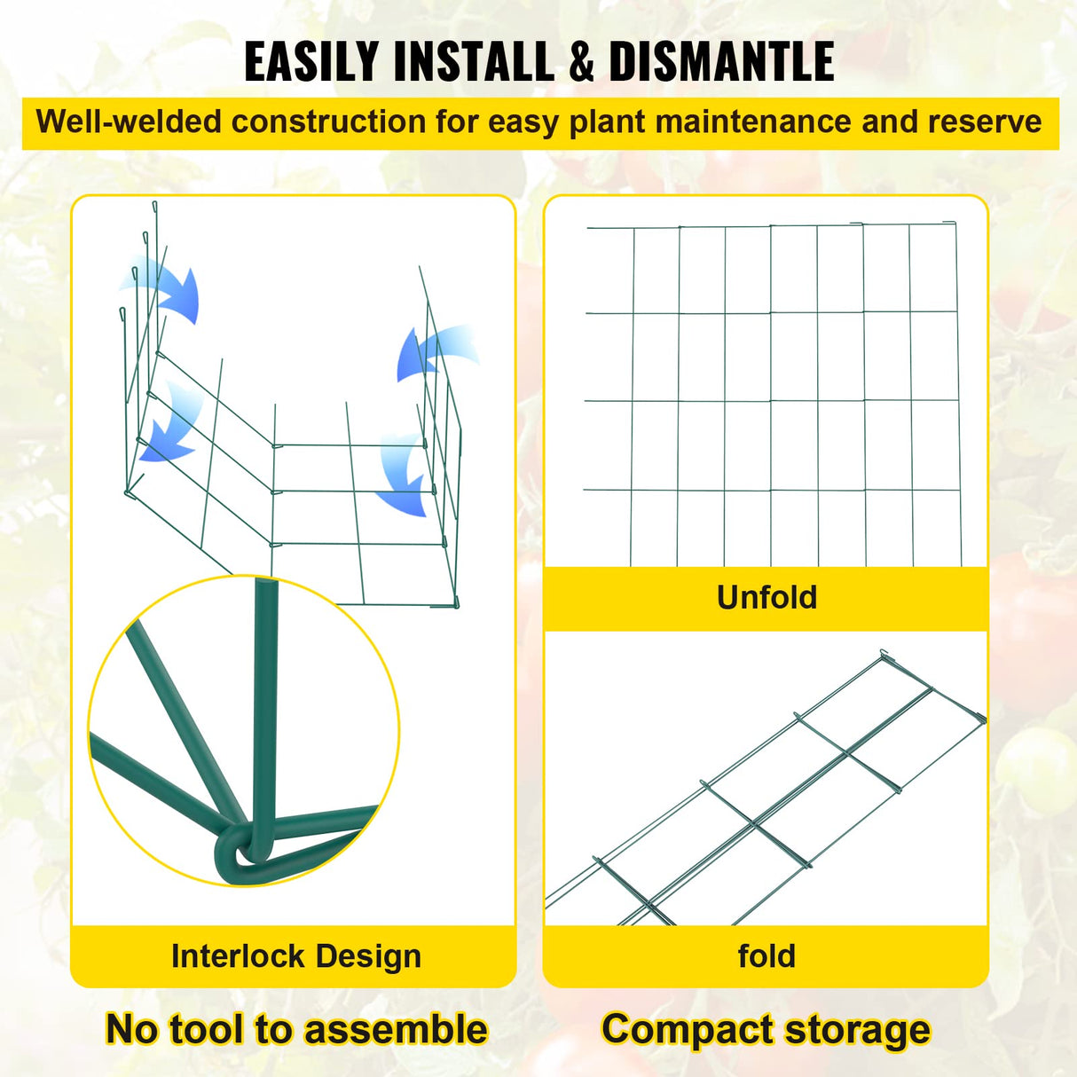 VEVOR Tomato Cages, 11.8" x 11.8" x 46.1", 10 Packs Square Plant Support Cages, Green PVC-Coated Steel Tomato Towers for Climbing Vegetables, Plants, Flowers, Fruits