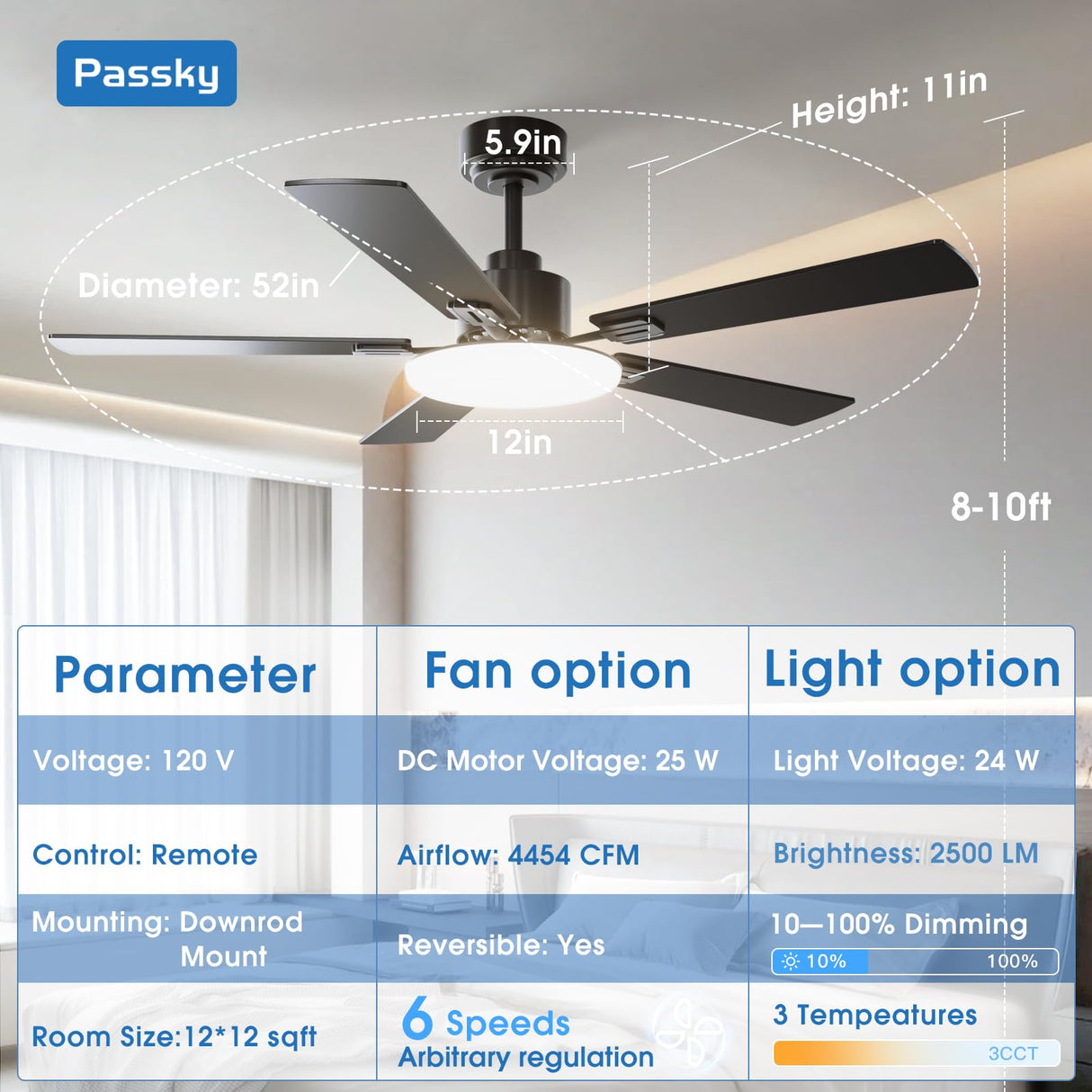 Passky Ceiling Fans with Lights, 52 inch Sleek Ceiling Fan with Light and Remote Control, 3CCT, Dimmable, Reversible, Noiseless, Black Ceiling Fan for Bedroom, Living Room