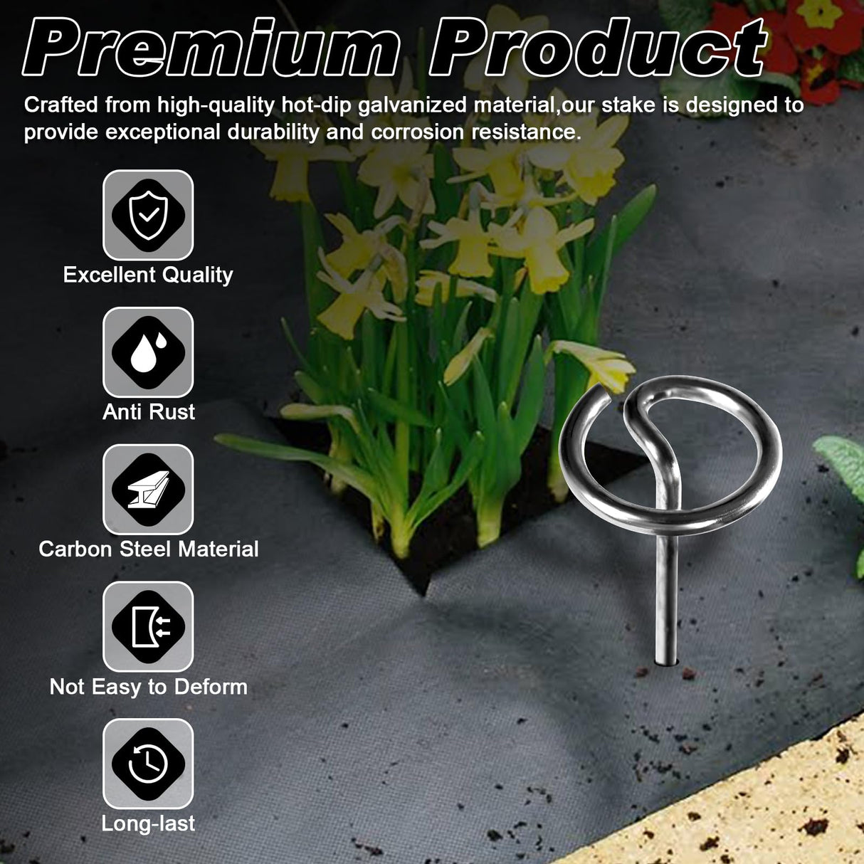 FEED GARDEN Heavy Duty Landscape Fabric Pins 8 Gauge 120 Pack with Pick Hook, 6 Inch Galvanized Round Head Garden Stakes for Weed Barrier Fabric, Turf, Sod, Tent, Garden Edging & Hard Soil