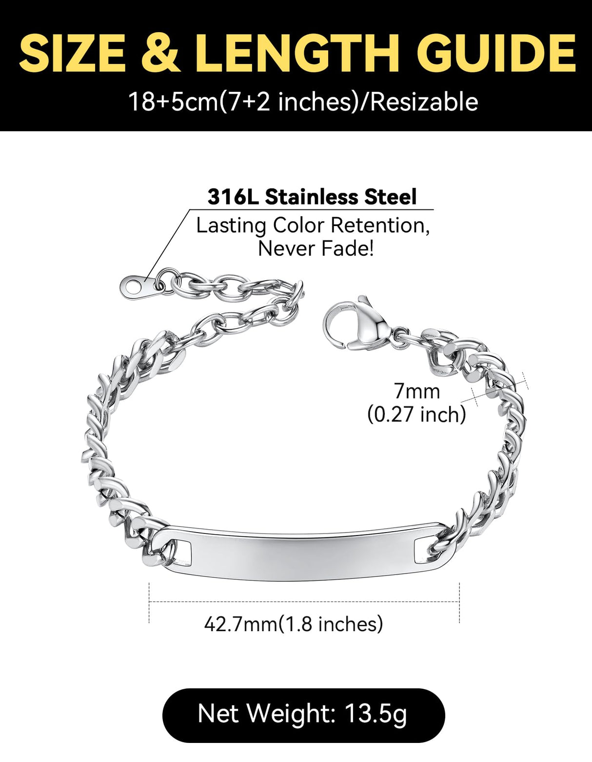 ChainsHouse Custom Name ID Bracelet Stainless Steel Cuban Chain Gift Women Personalized Engrave Bracelets for Men 7mm