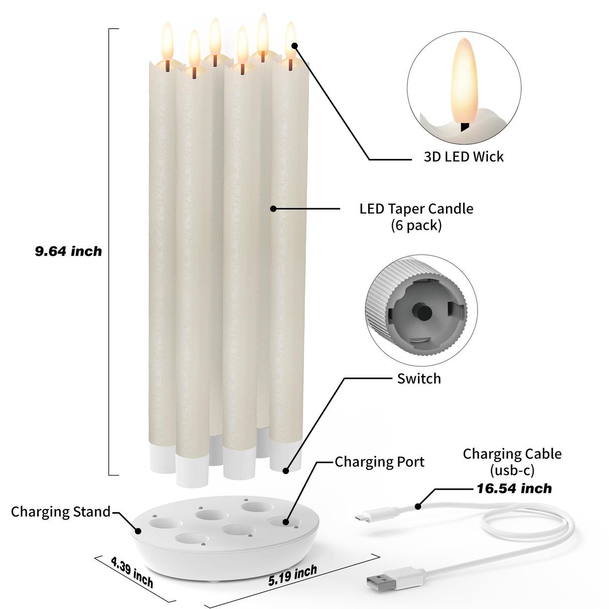 Rechargeable Flameless Taper Candles with Charging Station, 6 Pcs Real Wax LED Taper Candles Flickering with Remote&Timer, 3D Flame Battery Candlesticks for Home Wedding Christmas Decor (Ivory)