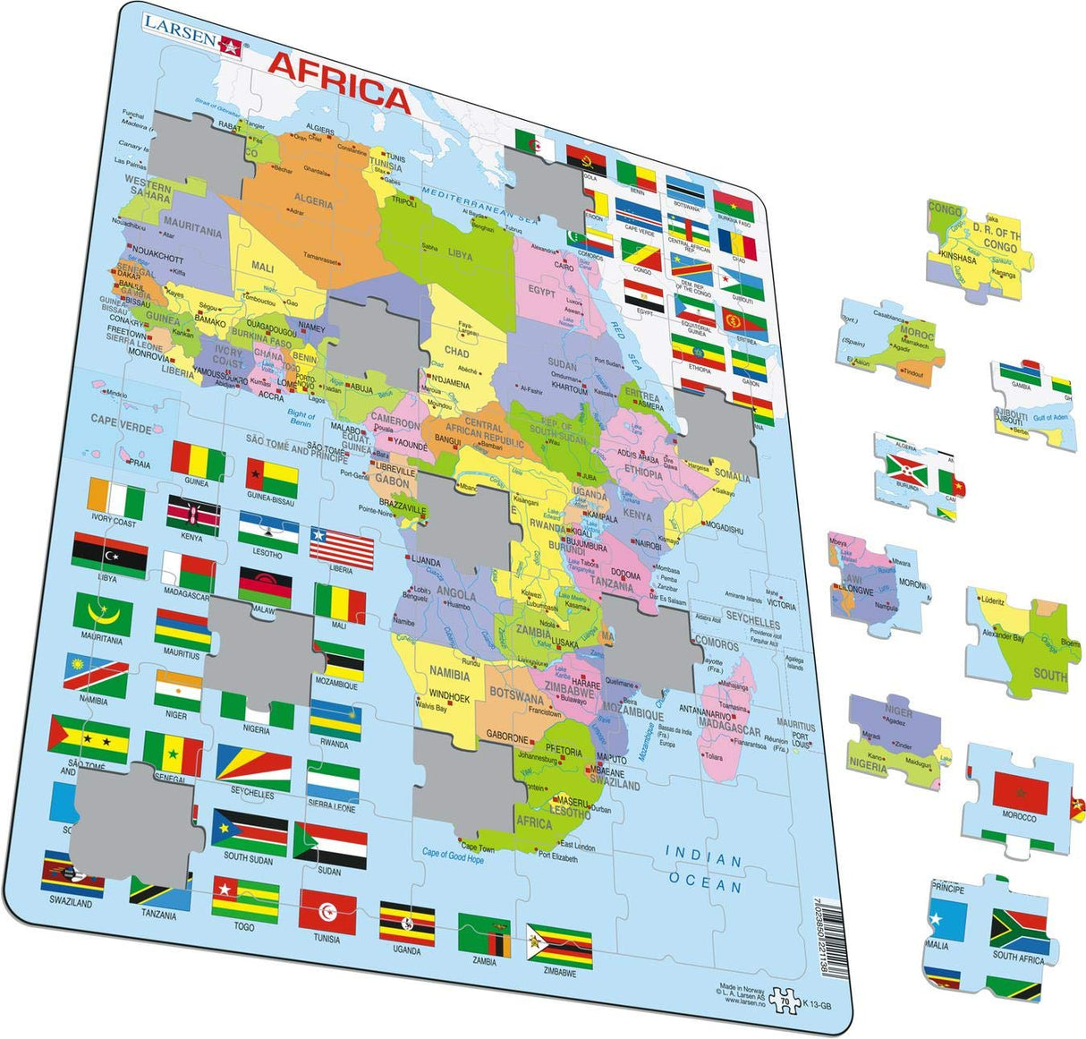 Larsen K13 Africa Political Map, English Edition, 70 Piece Boxless Tray & Frame Jigsaw Puzzle