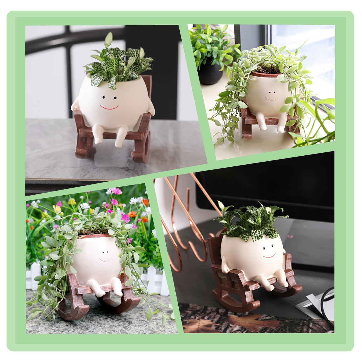 Camotank Smiley Face Rocking Chair Planters Flower Pots for Plants Funny Succulents Plant Live Cute Resin Head Planter for Indoor Outdoor Plants Gift Ideas for Mother and Christmas (Large)