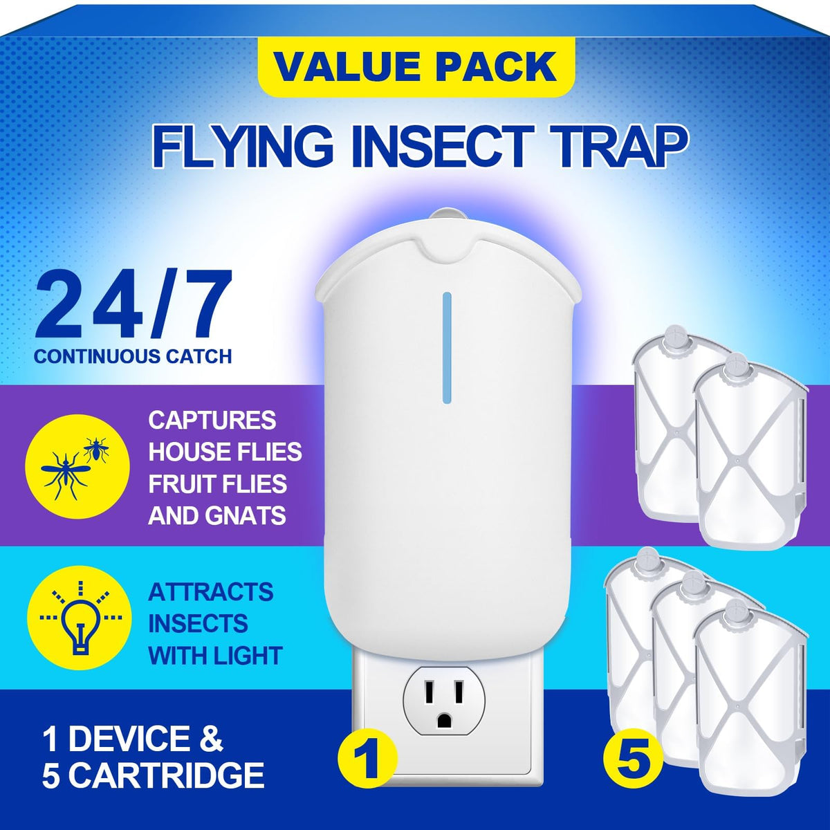 INRAGEO Flying Insect Trap & 5 Cartridges - Compatible with Refills
