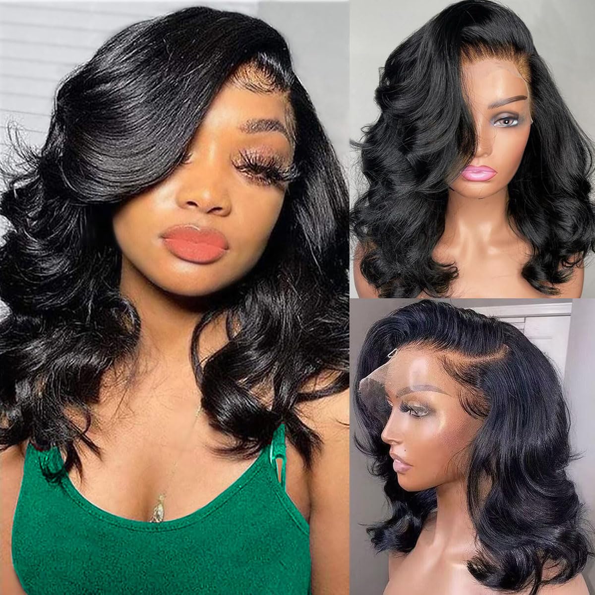 Body Wave 13x6 HD Lace Front Wigs Human Hair 200% Density Bob Wig Human Hair Pre Plucked Short Bob Wigs for Black Women Glueless Frontal Wig Human Hair Natural Black Loose Wavy 14 inch Bob Wig