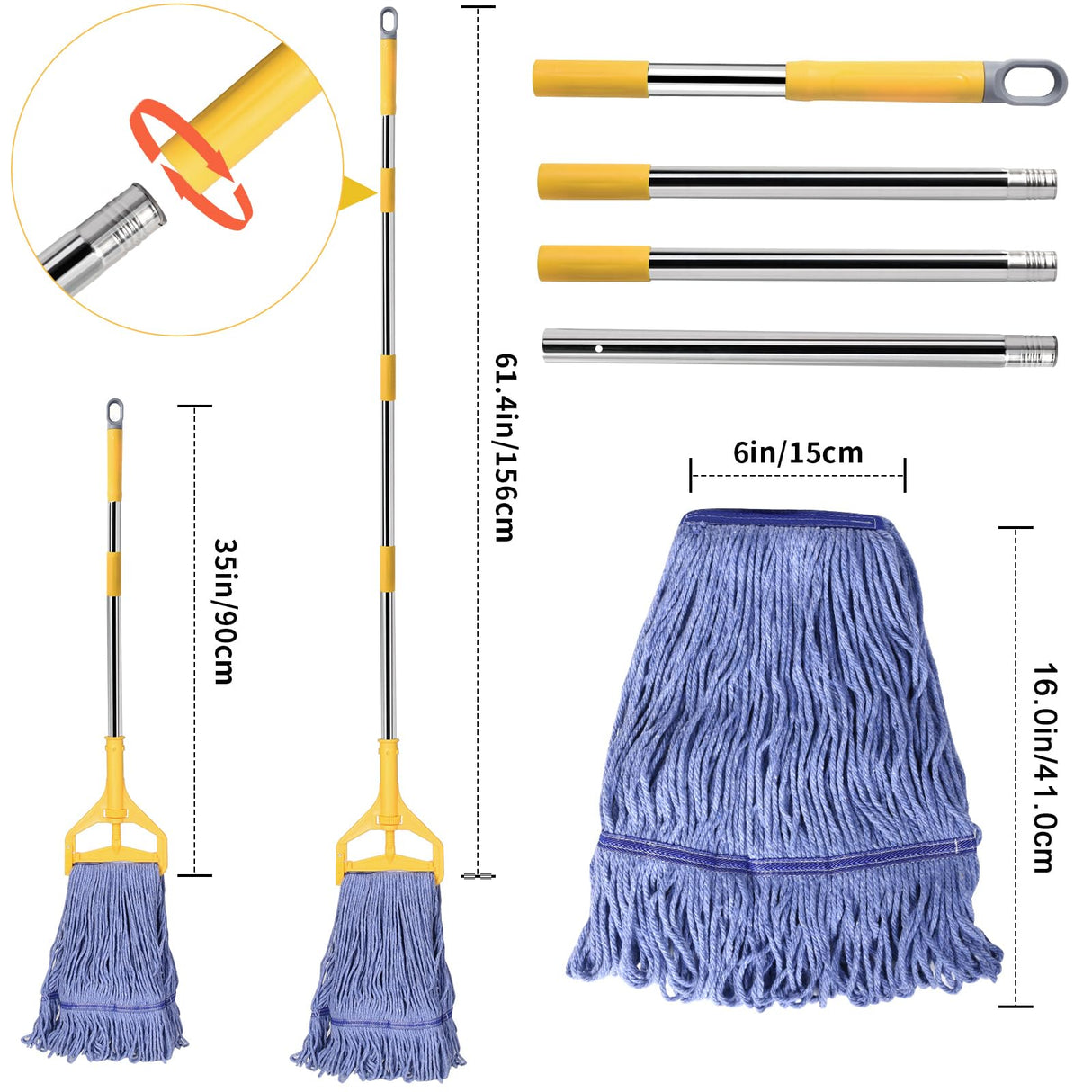 HiBaby Commercial Mop, 63Inch Handle Heavy Duty Industrial Mop Looped-End String Wet Mops for Floor Cleaning for Warehouse, Workshop, Garage, Office, Home, Deck(1 Mops Head)
