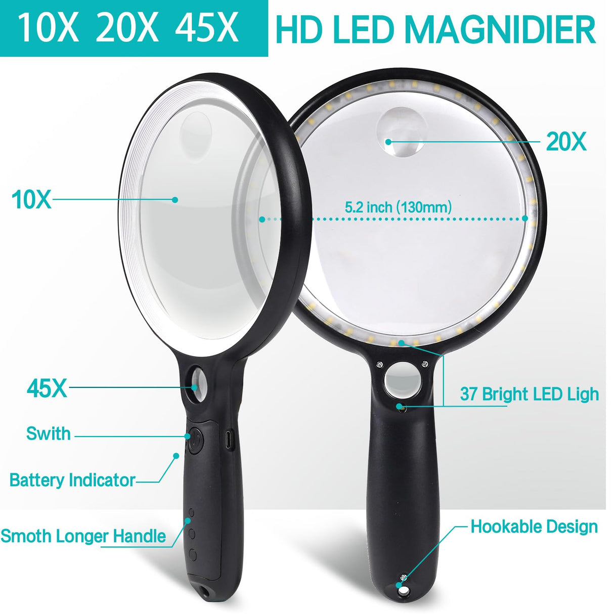 Large Magnifying Glass with 37 LED Light, 10X 20X 45X Handheld Illuminated Lighted Magnifier with 3 Light Modes Rechargeable Magnifying Glass for Seniors Reading, Inspection (White & Black)