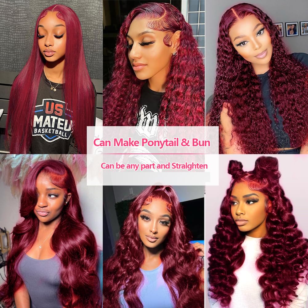 22inch 99j Burgundy Lace Front Wigs Human Hair Pre Plucked 180% Density 13x6 Body Wave HD Transparent Lace Frontal Glueless Wigs Human Hair Red Wigs For Black Women Natural Hairline with Baby Hair