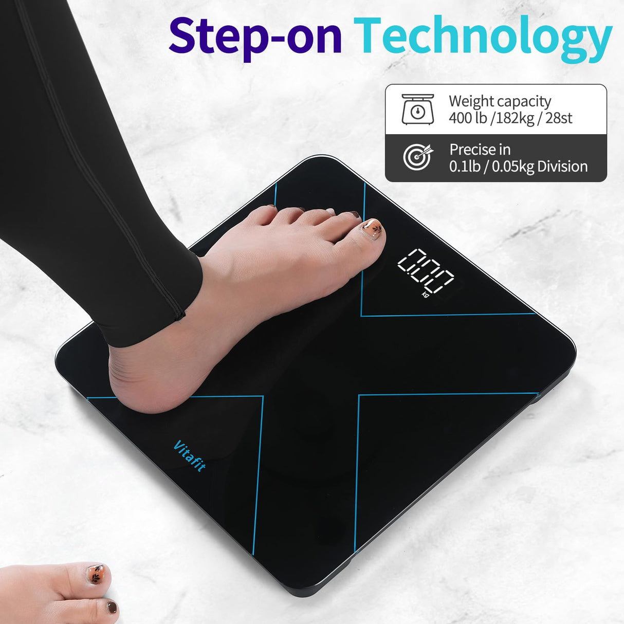 Vitafit Digital Bathroom Scale for Body Weight, Weight Scale Professional Factory Since 2001, White LED and Step-On, 3*AAA Batteries Included, 400lb/182kg, Black