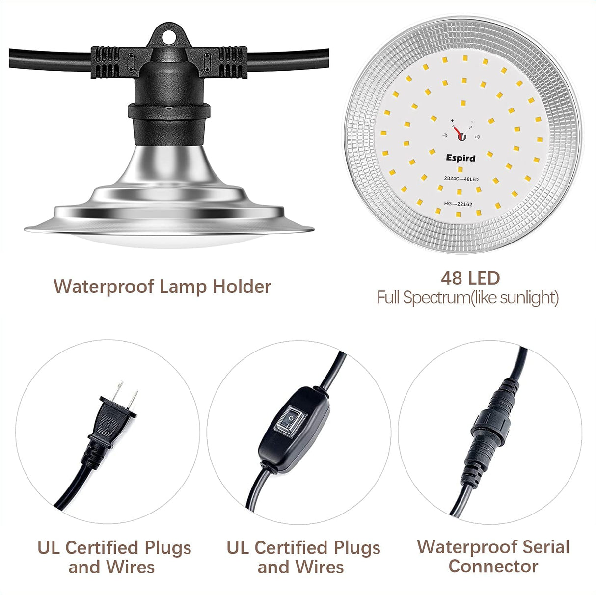 Espird Outdoor LED Grow Lights for Greenhouse 6-Light Waterproof String Grow Light, Full Spectrum LED Plant Grow Light Lamp, Waterproof Greenhouse Grow Lights for Seedling, Veg, Flower